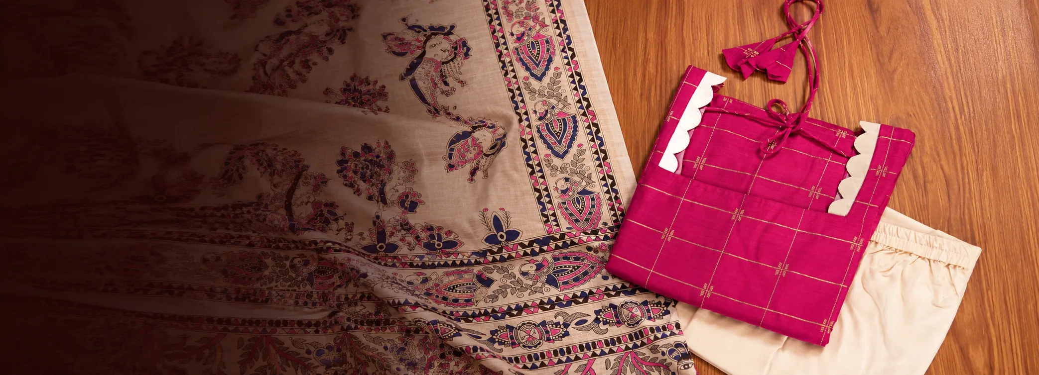 Traditional Textiles and Magenta Kurta Flat Lay