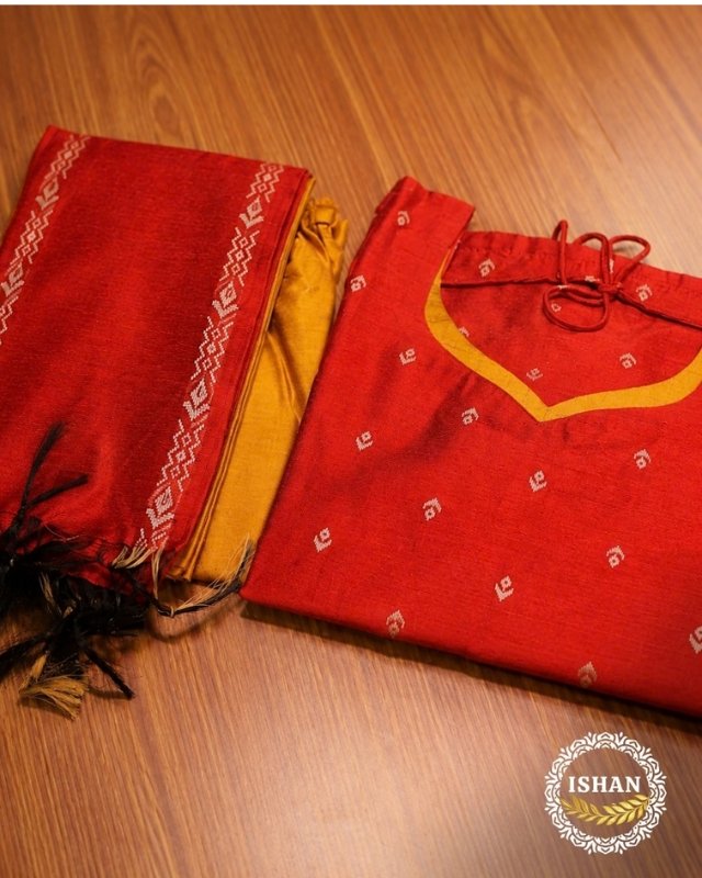 Elegance Raw Silk - Ruby Red & Mustard1