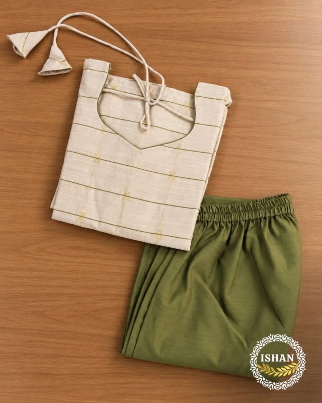 Elegance Raw Silk Set - Olive & Ivory 1