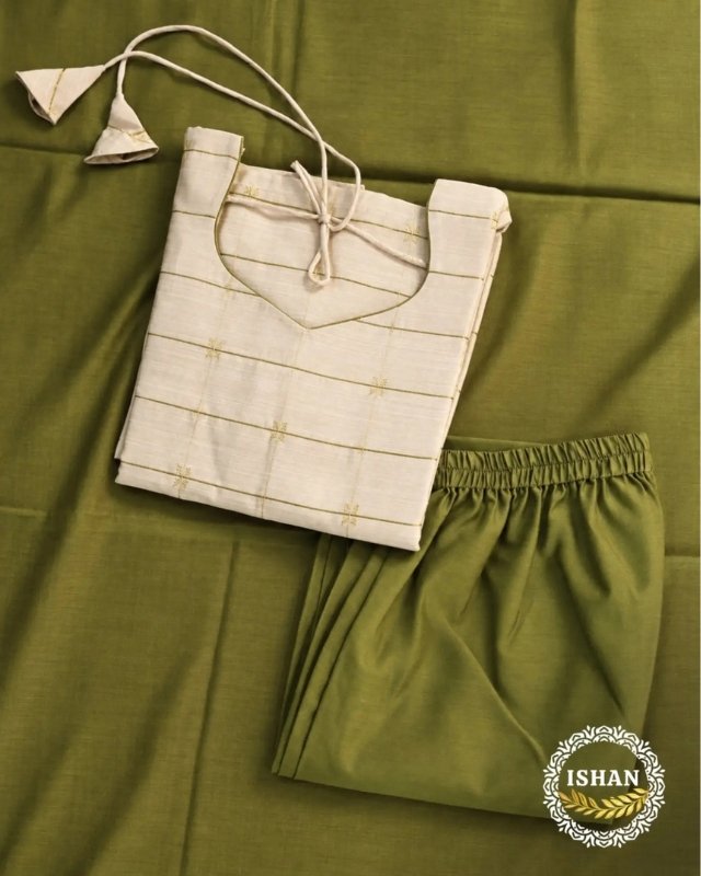 Elegance Raw Silk Set - Olive & Ivory