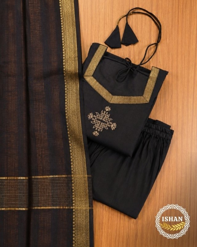 Mangalagiri Cotton Black Suit Set with Gold Border Dupatta 1
