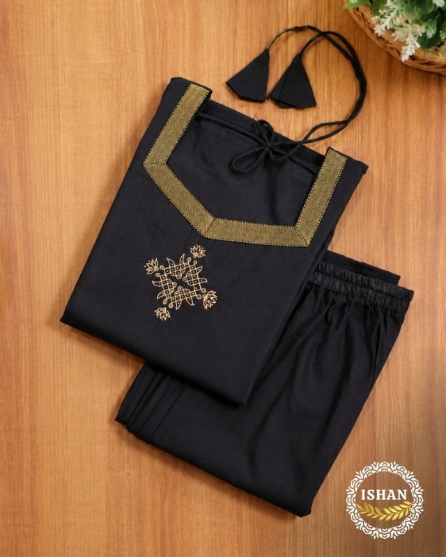Mangalagiri Cotton Black Suit Set with Gold Border Dupatta