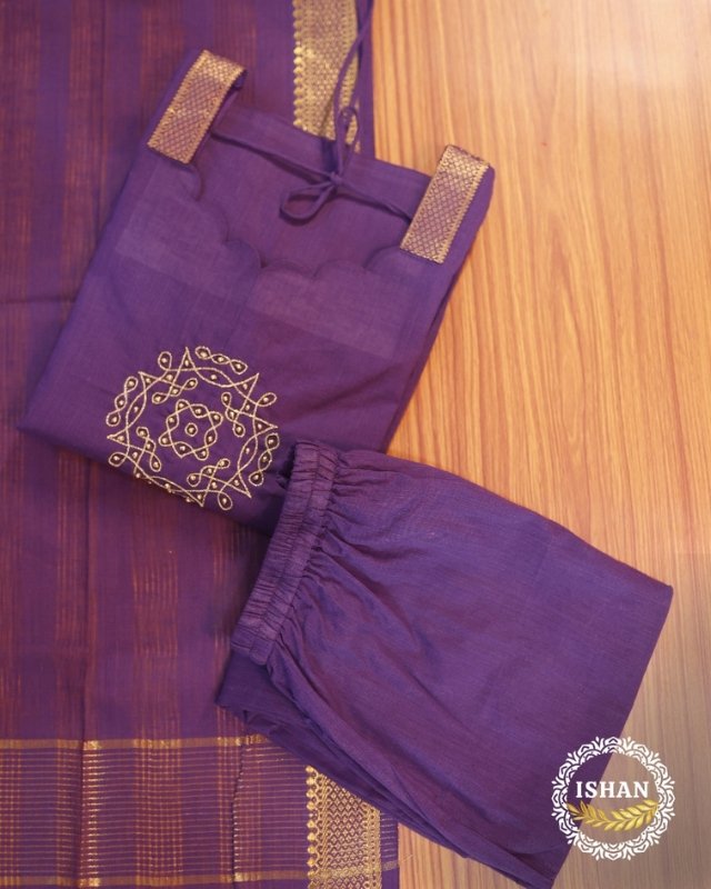 Mangalagiri Cotton Purple Suit Set with Gold Border Dupatta