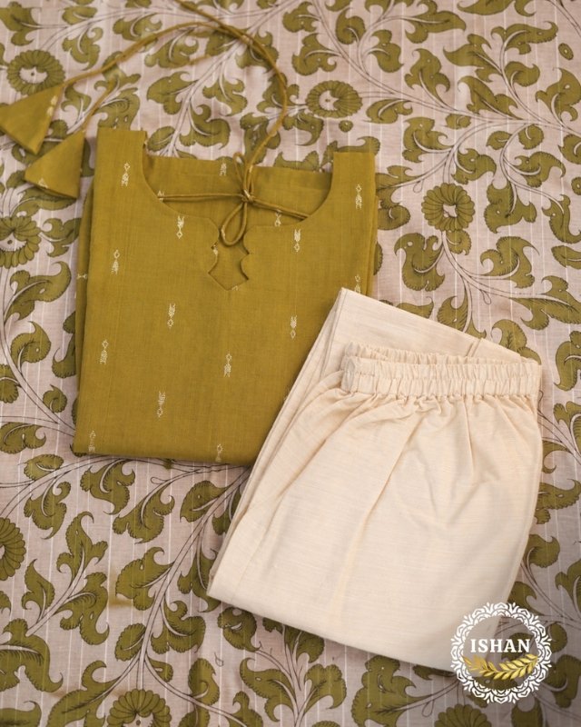 Raw silk—Olive Green & Ivory